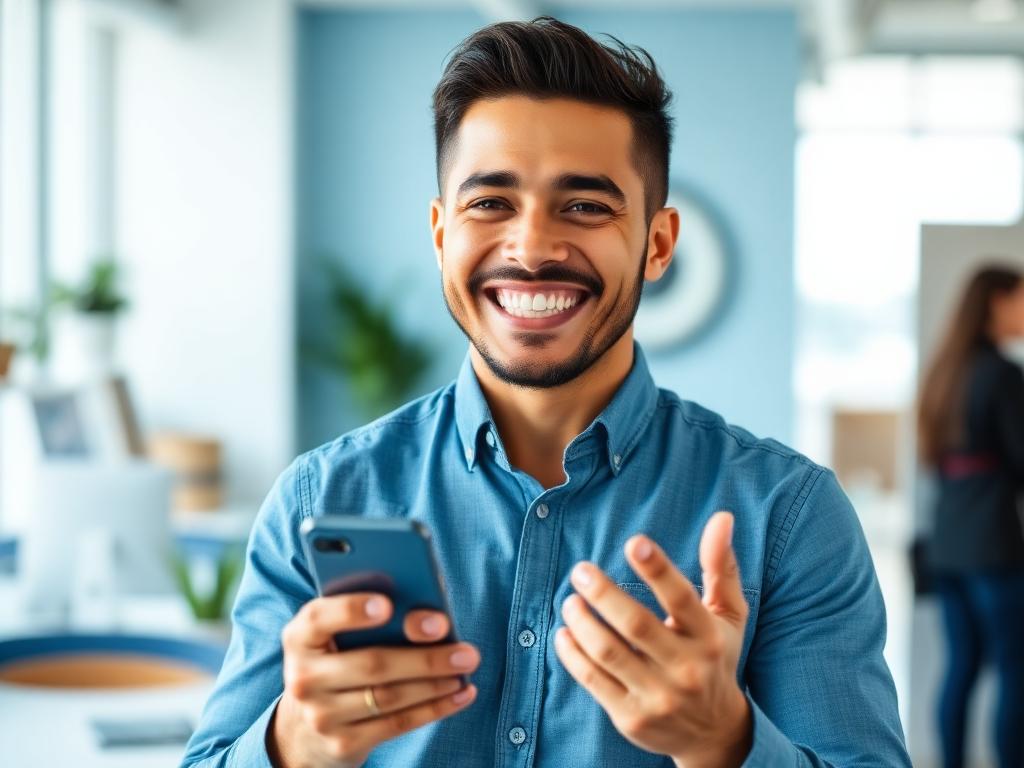 Pessoa sorrindo segurando o celular